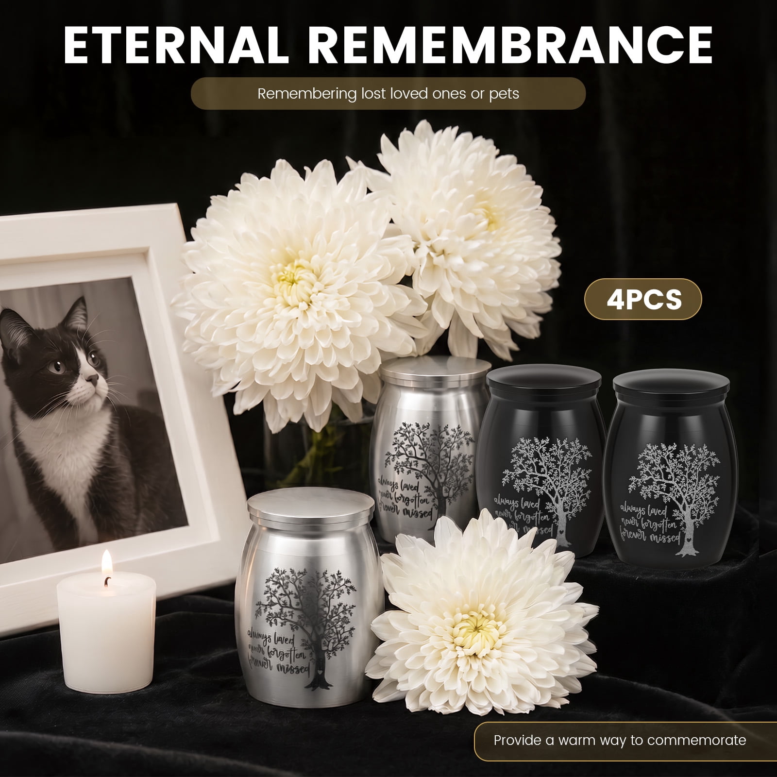 4pack Mini Cremation Urn Aluminum Memorial Keepsake with Tree of Life Design Small Funeral Urn for Human or Pet Ash Gift for Pet Lover (Silver+Black)