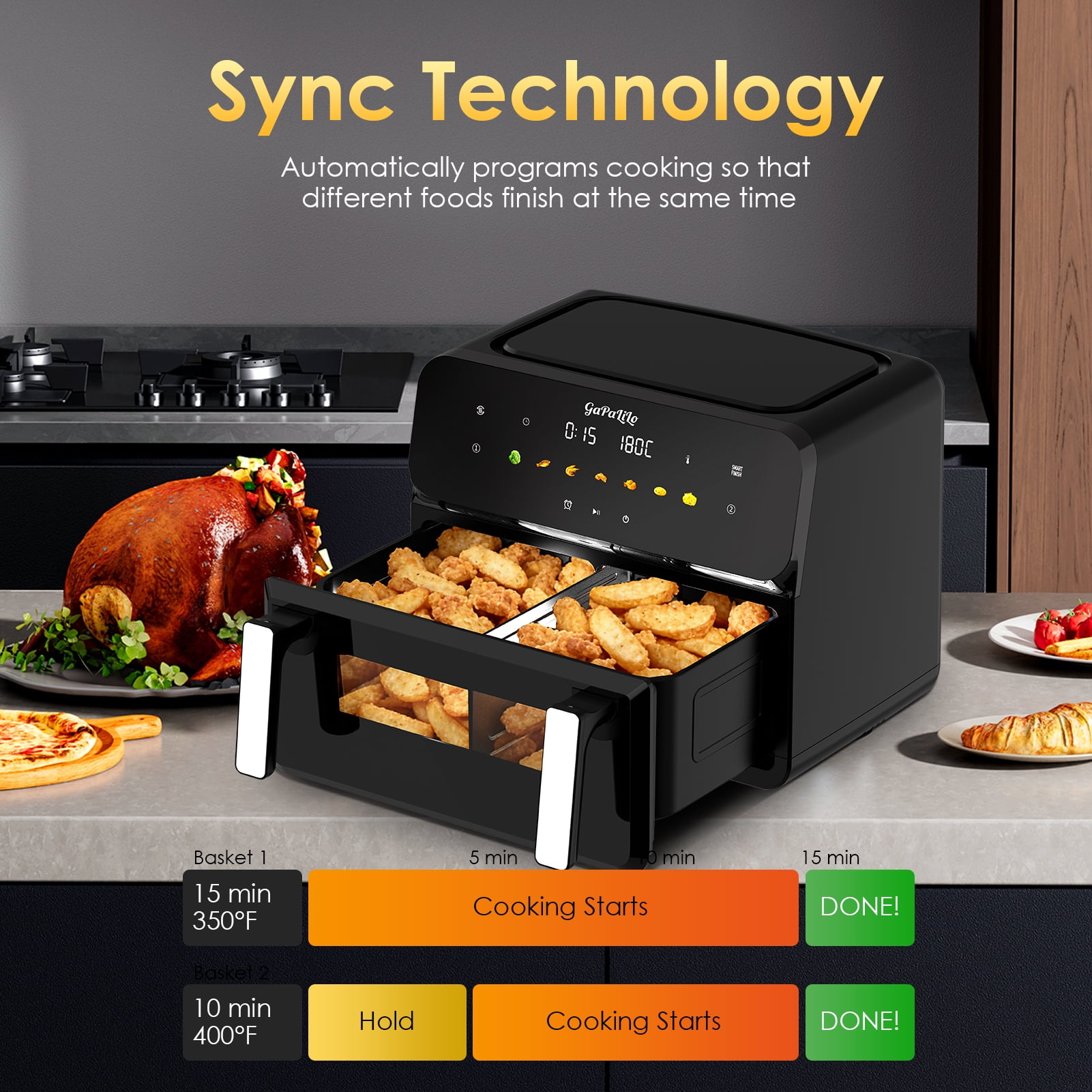 11QT Large Air Fryer, 1700W Touchscreen Air Fryer with Easy-View Window & LED Light, Digital Oven with Presets, Non-Stick & Dishwasher Safe, Perfect for 4-6 Family Meals, Black