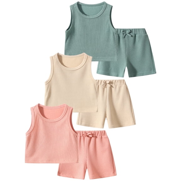 Fdqin Girls Summer Clothes 6 Pcs Sleeveless Tank Top and Shorts Beach Sets Casual Summer Outfits for Kid Green Pink Khaki 7-8 Years