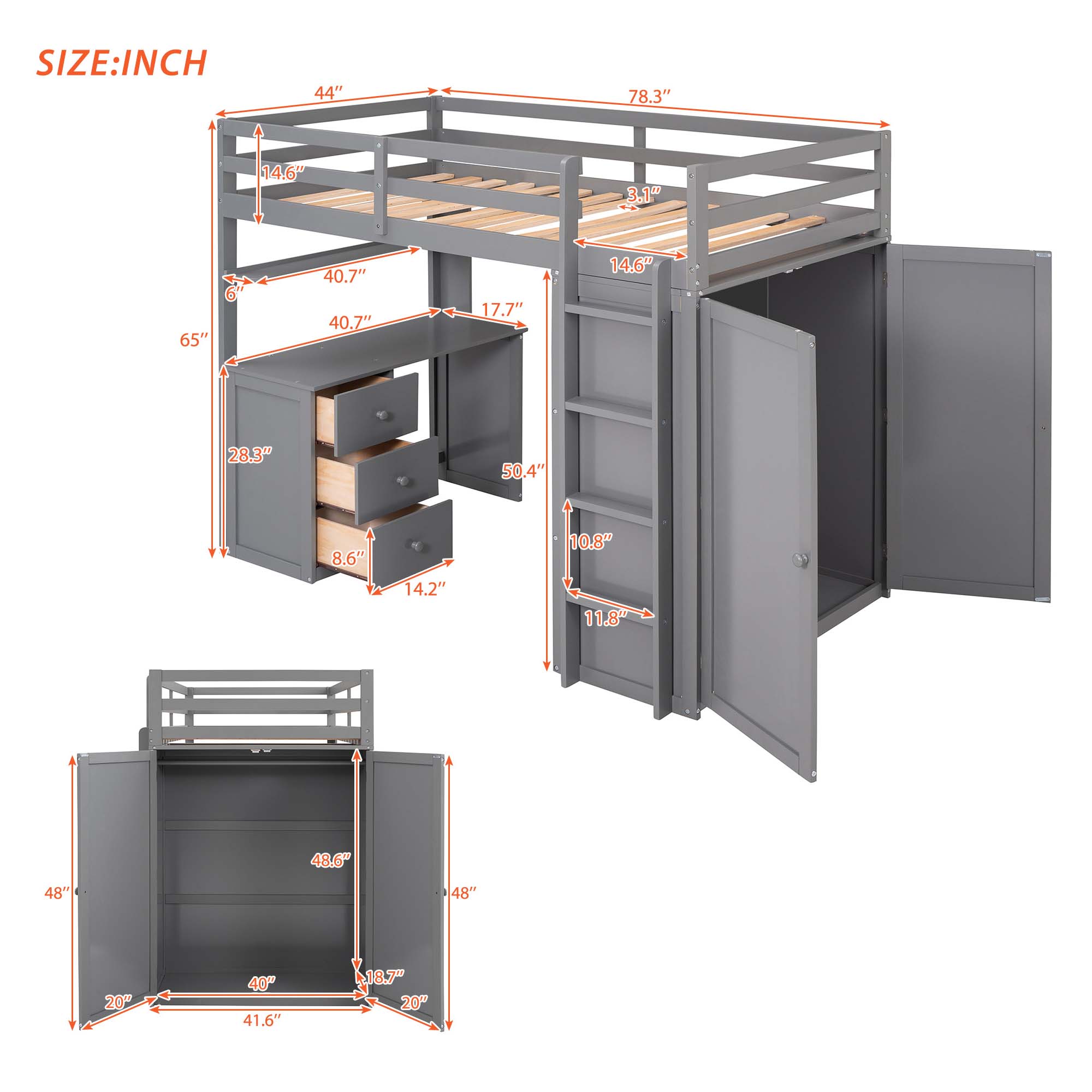 Aukfa Kids Modern Wood Twin Size Loft Bed with Drawers Gray