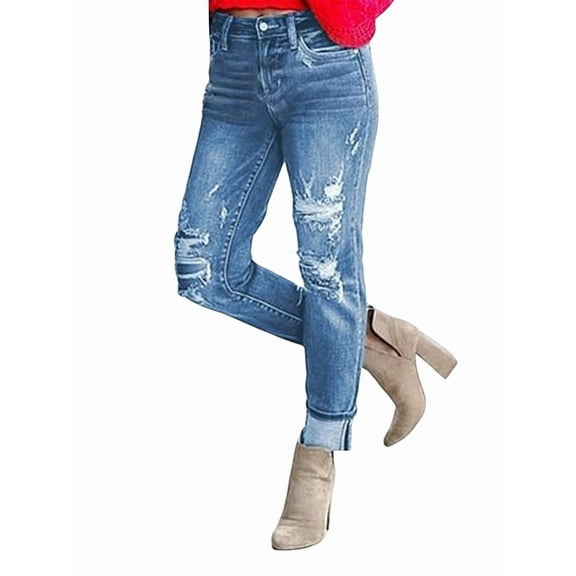 Women'S Ripped Mid Waisted Boyfriend Jeans Loose Fit Distressed Stretchy Denim Pants Blue M