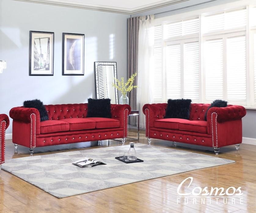 Red Fabric Sofa Set 2pcs W Acrylic Legs, Red Fabric Sofa Chair