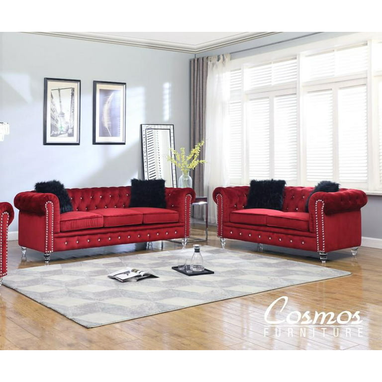 Red Fabric Sofa Set 2pcs W Acrylic Legs