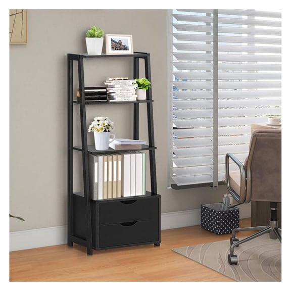 Ladder Bookshelf 4 Tier with 2 Drawers, Black Storage Shelves, Leaning Bookcase for Living Room, Bedroom, Home Office