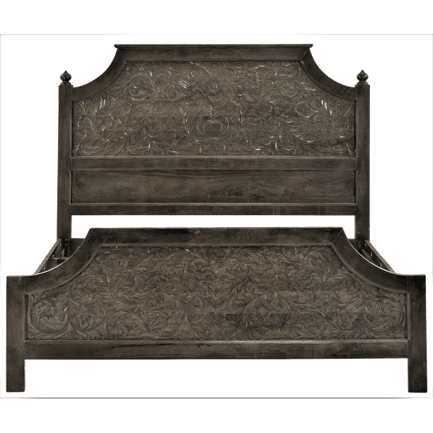 Modern Hand Carved Dark Wood Panel Bed, Carved Wooden Bed Frame