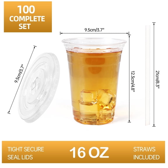 16 oz 100 Sets Disposable Cold Drink Cups with Lids and Straws, Clear Plastic Iced Coffee Cups for Smoothies, Milkshakes, Bubble Tea, Includes 100 Cups, 100 Lids, 100 Straws, Perfect for Christmas