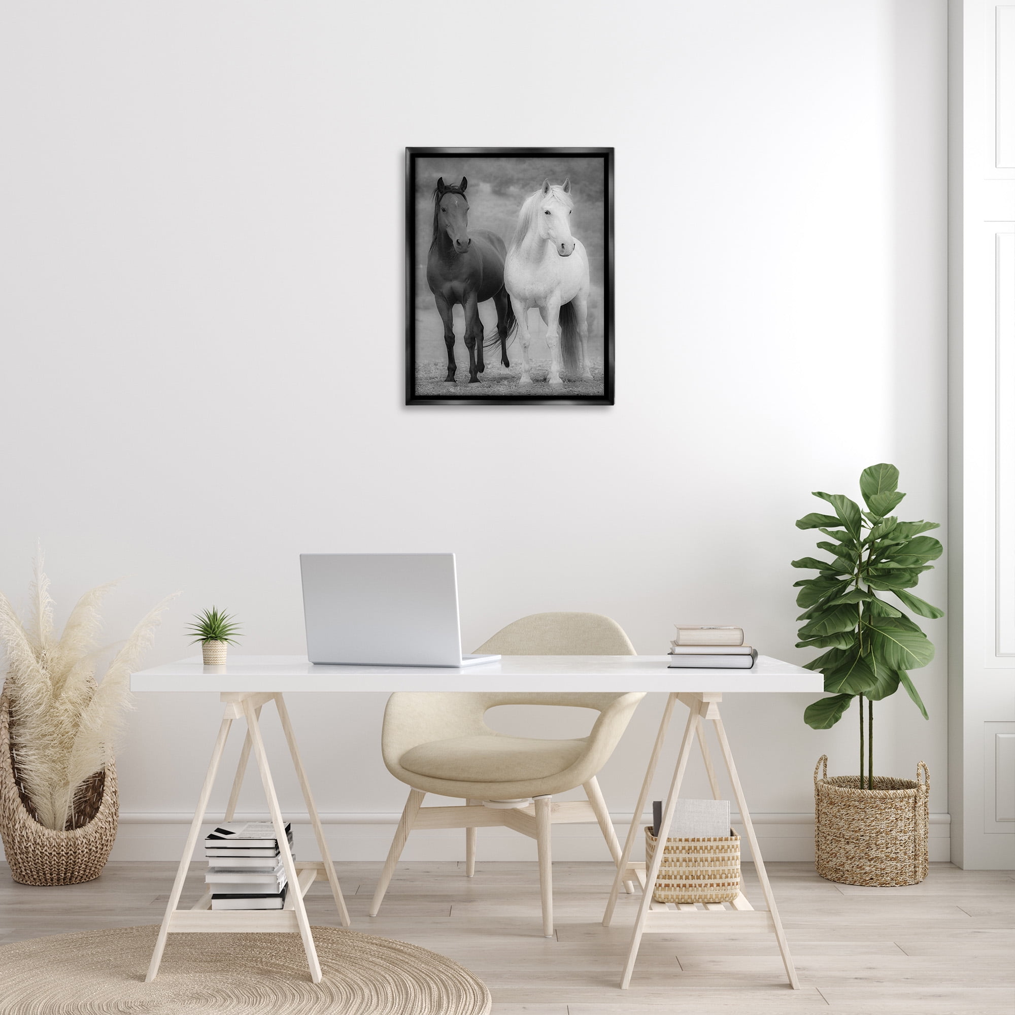 Stupell Industries White & Black Horses Animals & Insects Photography Black Floater Framed Canvas Art Print Wall Art, 25 x 31