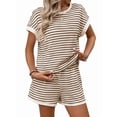 thumbnail image 3 of Women'S Summer 2 Piece Sets Striped Short Sleeve T Shirts and Shorts Loungewear Matching Set Khaki S, 3 of 9