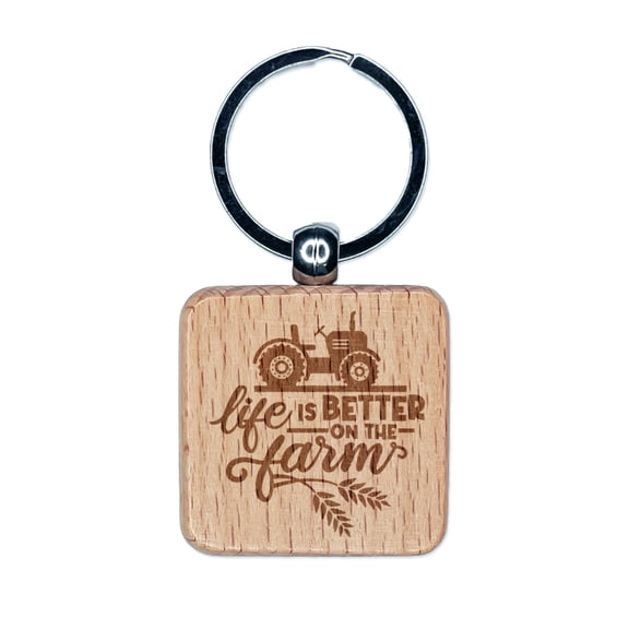 Life is Better on the Farm Tractor Square Keychain Charm Tag - Engraved Wood