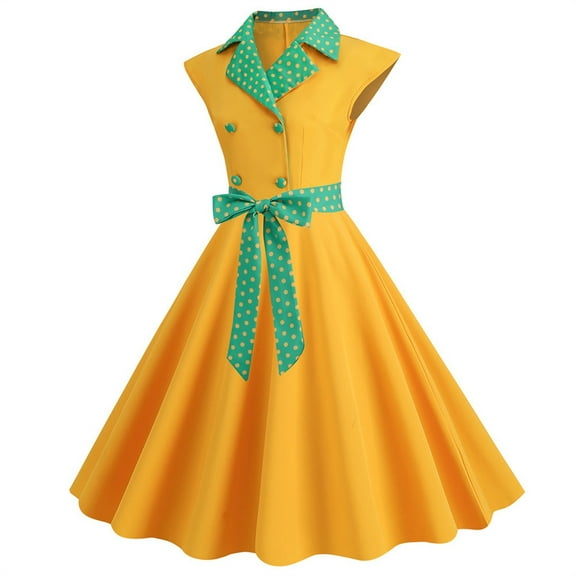 Chbgutlmr 1950s Dress for Women Casual Retrol Vintage Cocktail Party Dress Double Breasted Lapel Dotted Midi Dress with Belt