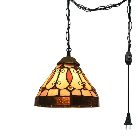 Kiven Plug in Pendant Light,Tiffany Hanging Light with Iron Lampshade and 15FT Plug-in Cord, Dimmable Ceiling Pendant Light for Bedroom Hallway Foyer Kitchen Island, 1-Light