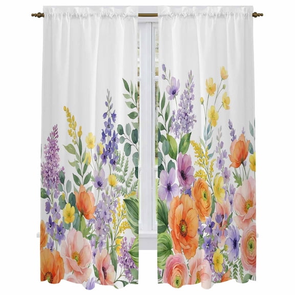 Pink Orange Flowers Kitchen Curtain for Berdoom Living Room Cafe 72 Inch Length, Spring Floral Farmhouse Botanical Tiers Curtains Light Filtering Drapes Rod Pocket Window Treatment 2 Panels 52"Wx72"L