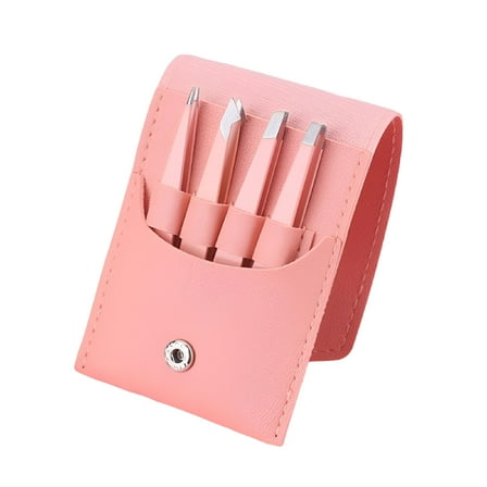 FACEGA Precision Tweezers Set Stainless Steel Eyebrow Tweezers Set with Faux Leather Case Flat Oblique Tip Makeup for Women (Pink)