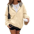 thumbnail image 2 of Womens Zip Up Hoodie Leopard Print Long Sleeve Drawstring Hood Fleece Sweatshirt Oversized Relaxed Fit Solid Casual Fall Winter Tops Khaki 2XL, 2 of 4