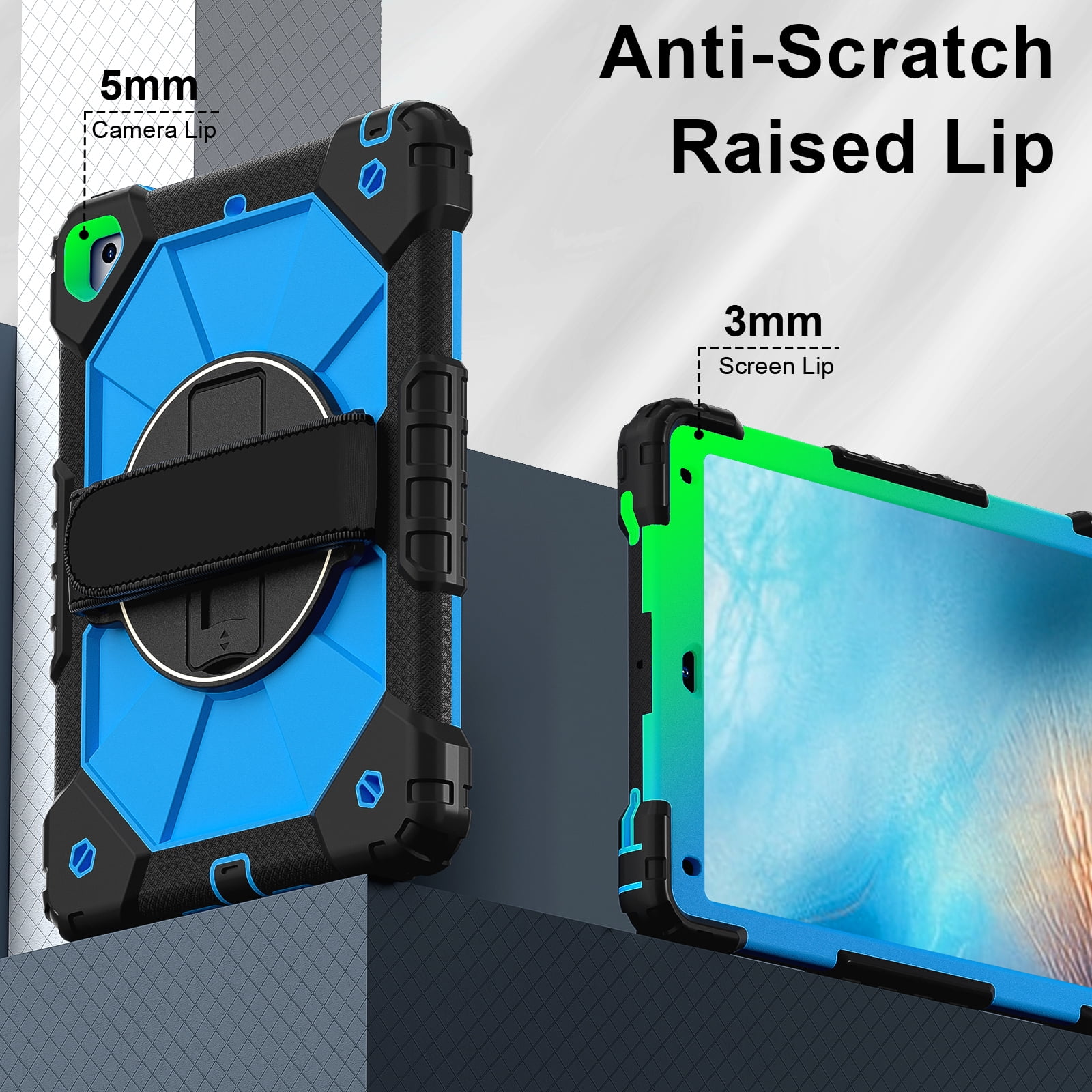 Shockproof Case for Apple iPad 6th 5th Generation 2018 2017 / iPad Air 2 9.7 Inch, Rotating Kickstand Pencil Holder Shoulder Strap Hand Strap Kids Friendly Bumper Cover, Blue+Black