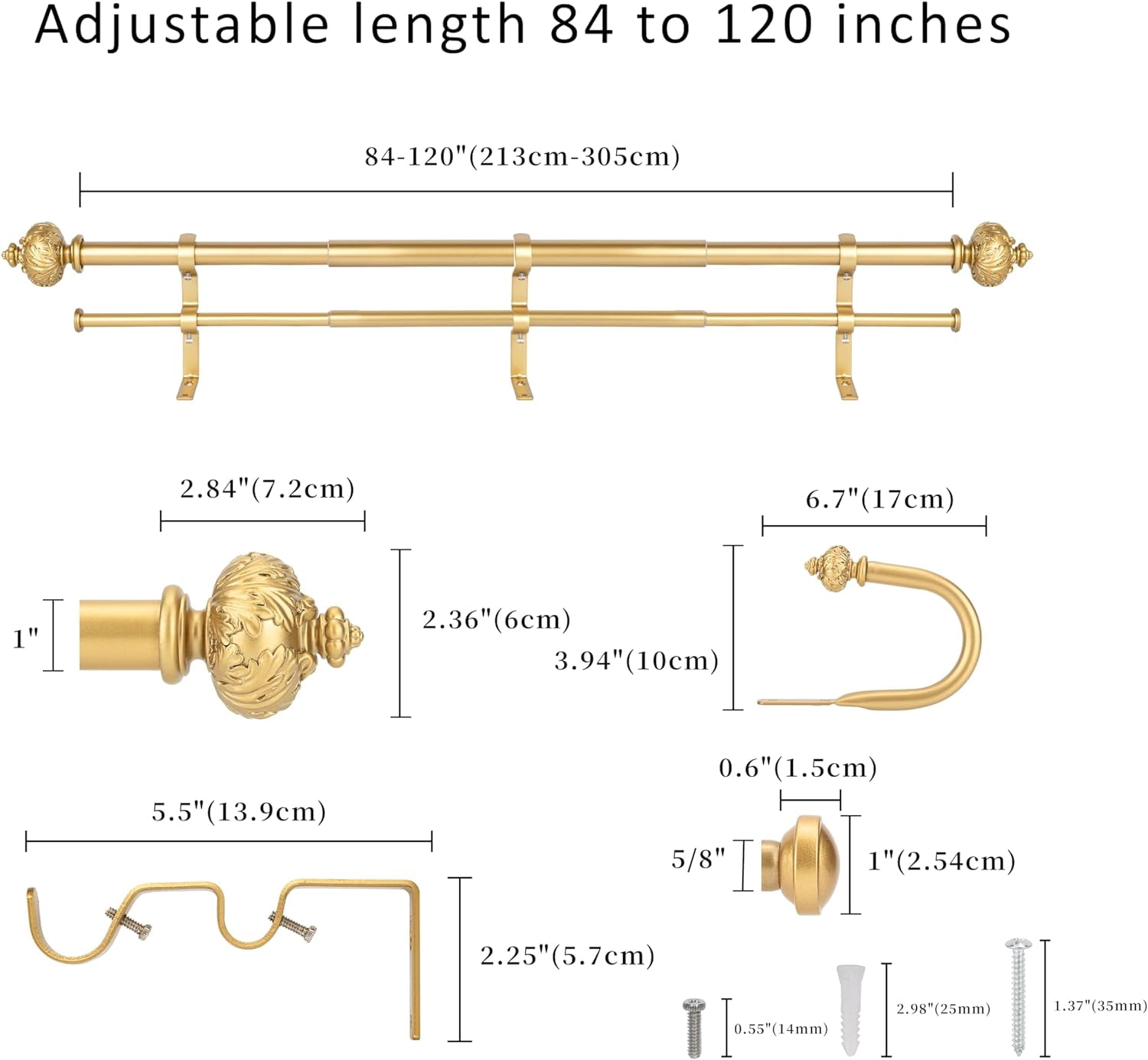 eTeckram 1" Double Curtain Rod with Albert Finials and holdbacks (84''-120'',Gold)