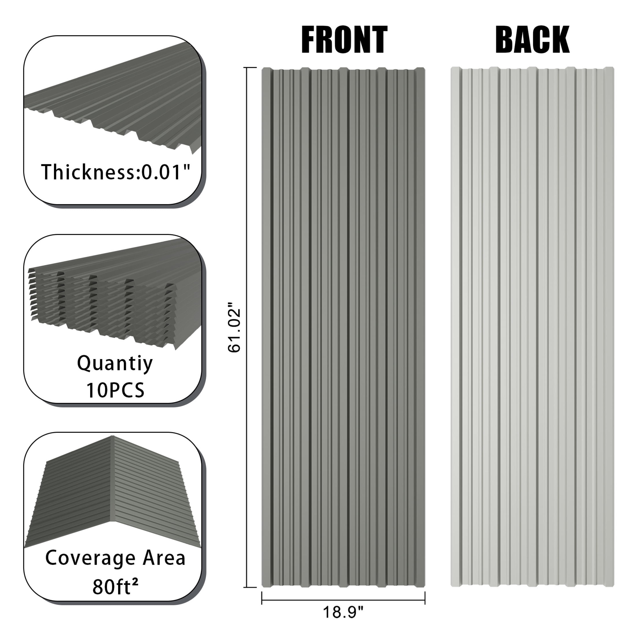 Noble House 10 Pack Corrugated Galvanized Steel Roof Panels, 61.02" x 18.9" Roofing Sheets, Gray