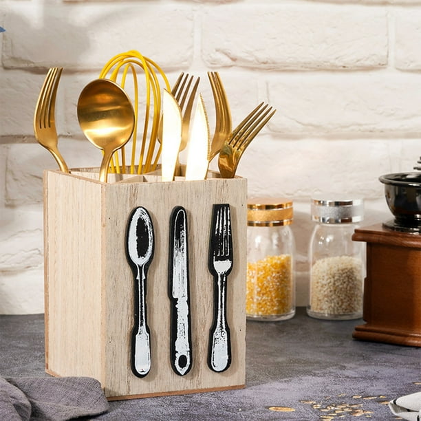 Xihbxyly Organizador de Cubiertos de Madera, Elegante Caja de Almacenamiento de Utensilios, Diseño Compacto, Madera Natural, Estilo Cabaña Moderno, Versátil para Uso En Interiores y Exteriores, Tamañ