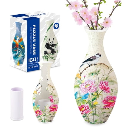 3D Puzzle Vase with 160 3D Jigsaw Puzzle Pieces,Building Block Toy, Birthday Mothers Day Gifts,for Housewarming for Flower Arrangements & Home Decoration-Peony