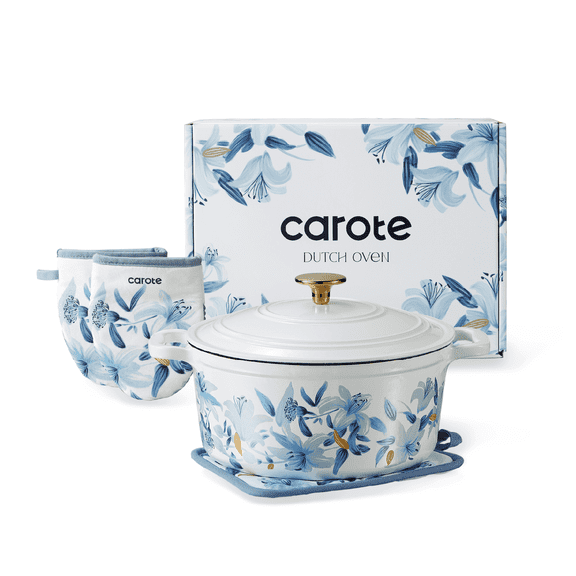 Carote 5QT Cast Iron Dutch Oven with Gloves and Pot Pad, 9.5Inch Round Soup Pot,Nonstick Cookware for Baking, Roasting, Braising & Cooking, Dual Handles,Blue