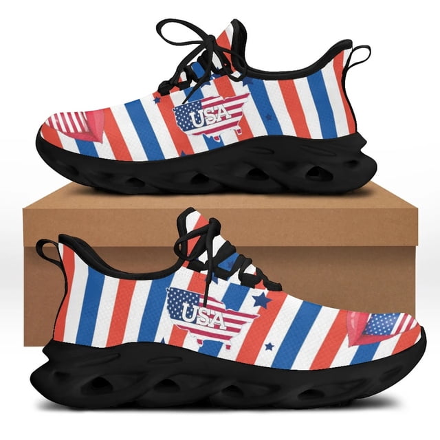 Zapatillas planas de malla con bandera de EE. UU., zapatillas gruesas con estampado personalizado de bandera estadounidense, zapatillas suaves de diseño nacional, zapatillas para correr para hombre