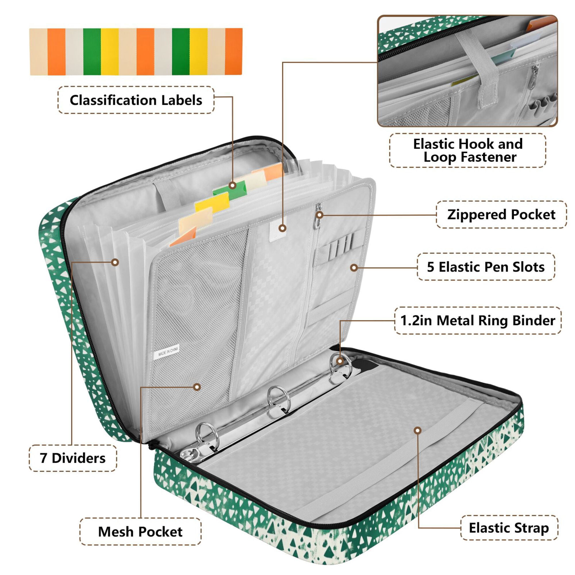 FORMRS Accordion File Folder A4 Size 7-Pocket Expanding Document Organizer Bag with 3 Ring Binder, Green and White Pattern