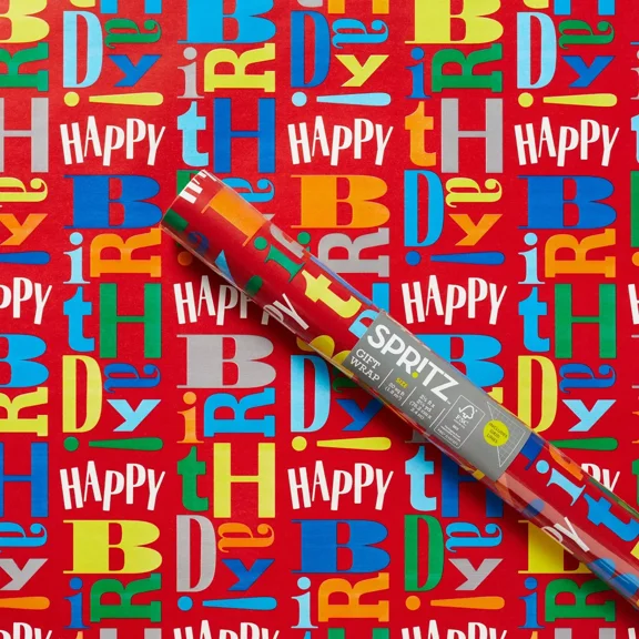 Happy Birthday Gift Wrapping Paper Red : Multicolor Shapes, 96" x 30", Love & Romance Theme