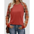 thumbnail image 4 of Camisas de Larga para Mujer, Blusas Raglán con Bloques de Color, Camisetas Básicas Informales de Cuello Redondo, Ropa de Otoño. Rojo Enrejado L, 4 of 8