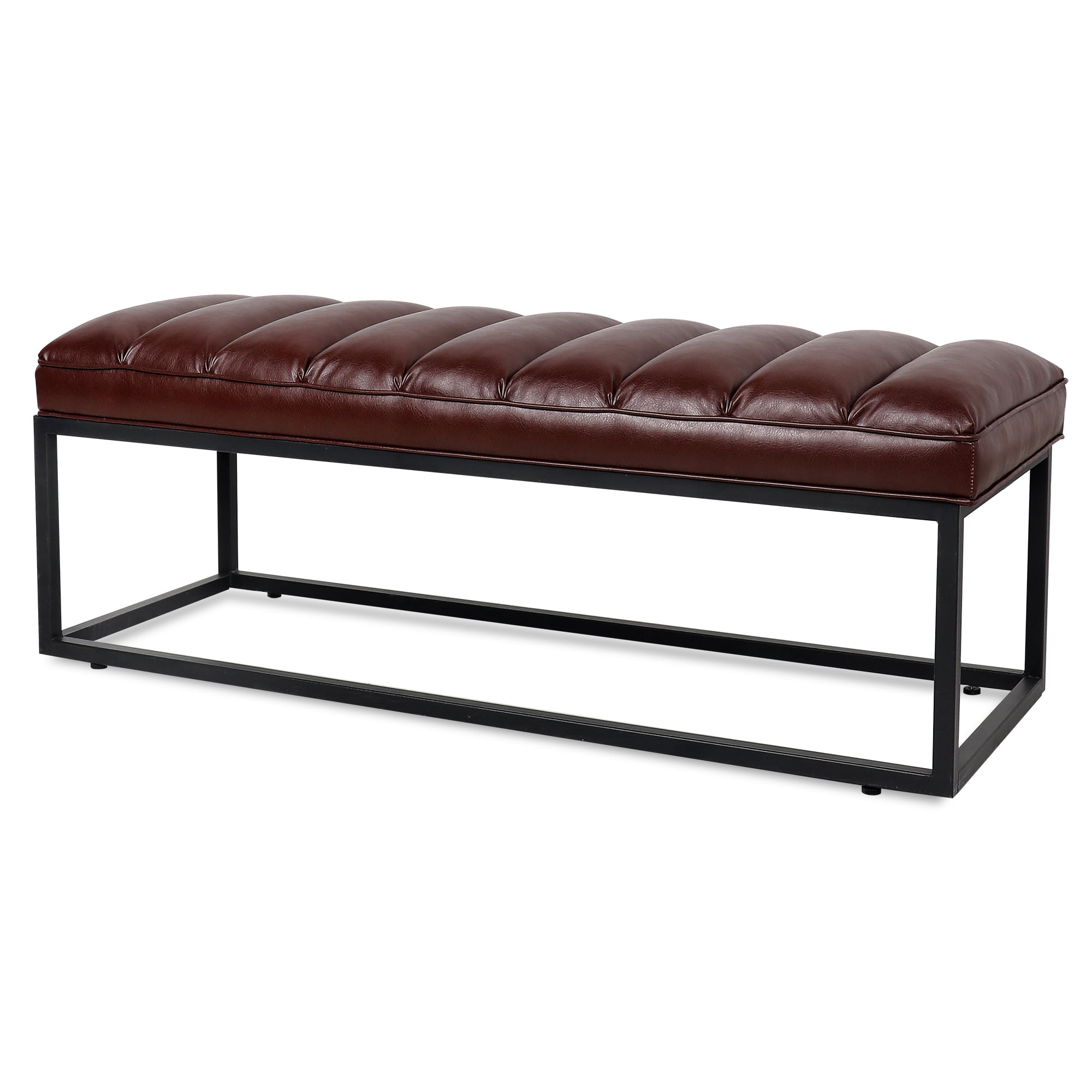 Kadyn Metal Base Upholstered Bench, PU Ottoman Bench for Entryway, Modern PU Bench for Bedroom, Dark Brown