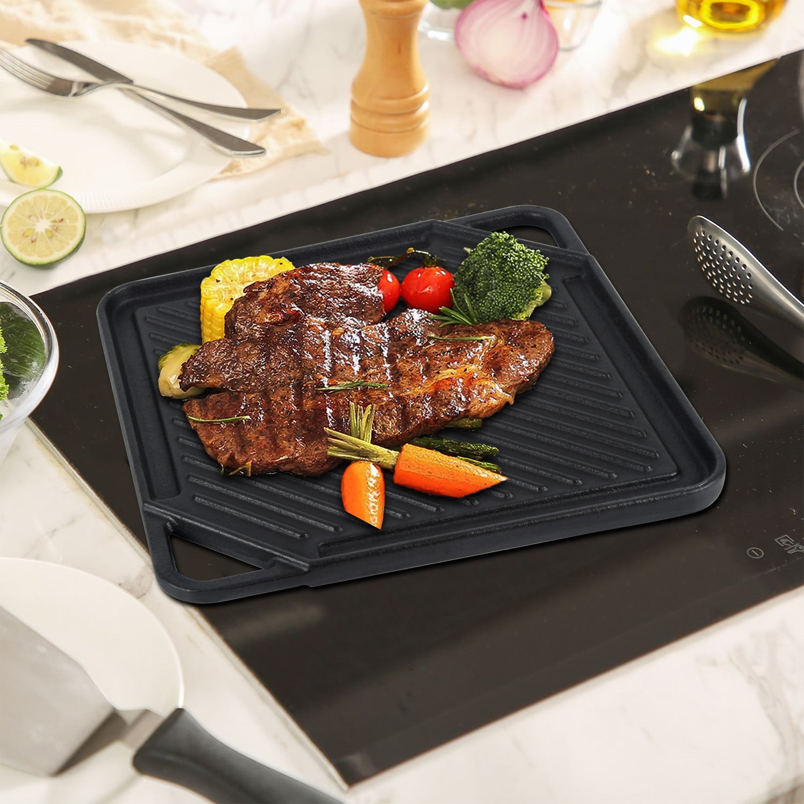 Overmont Pre-seasoned 17x9 Cast Iron Reversible Griddle Grill Pan with  handles for Gas Stovetop Open Fire Oven, 1 tray
