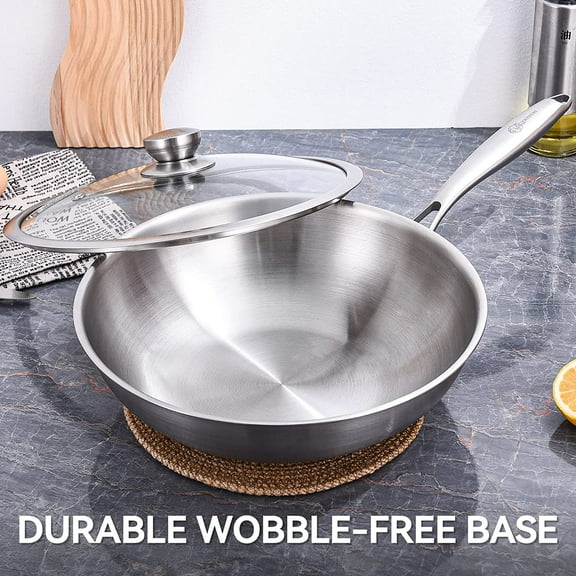 Tri-Ply 13 Inch Stainless Steel Wok Pan with Lid, Induction Safe, Dishwasher and Oven Safe