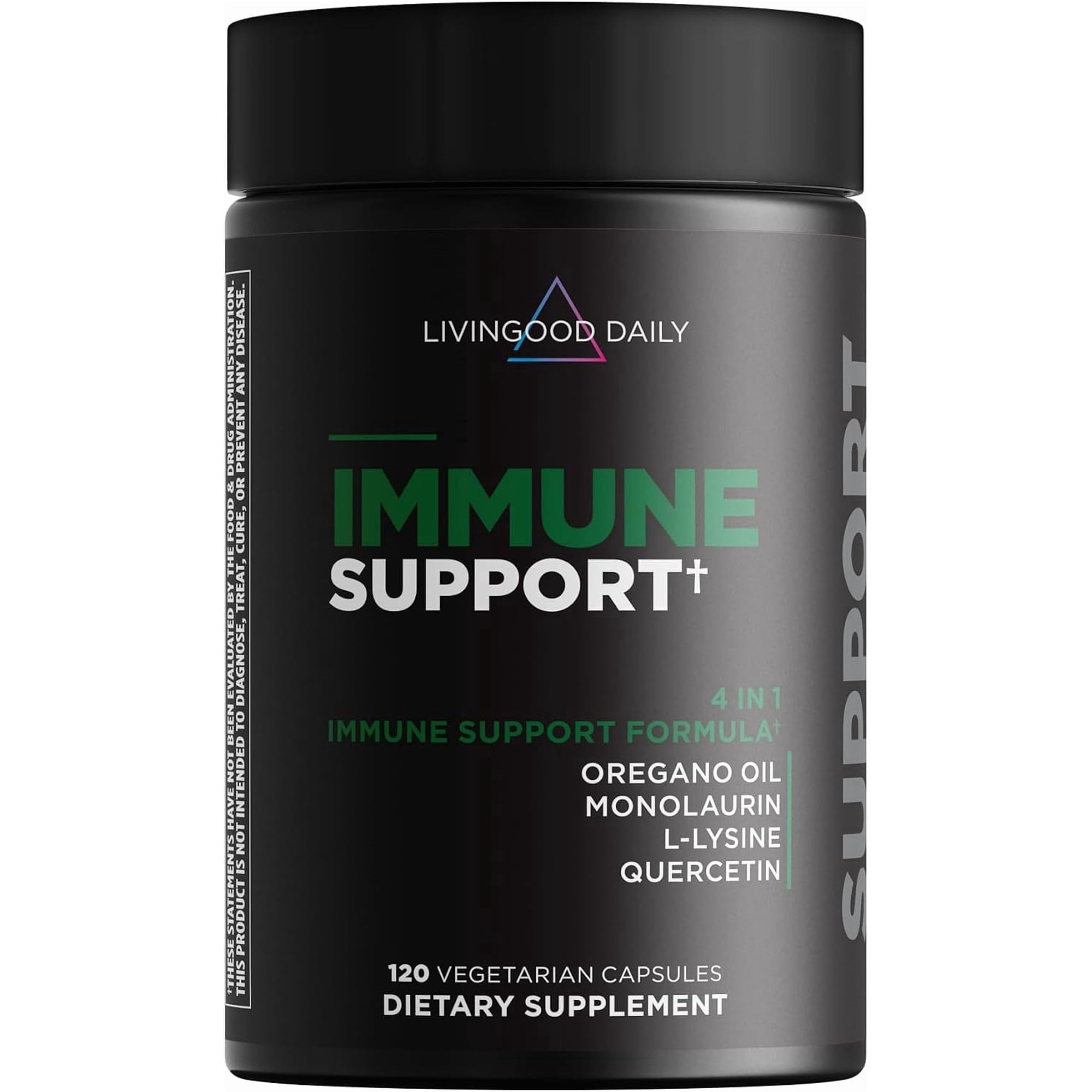 Livingood Daily Immune Support Supplement, 4-in-1 Formula with Oregano Oil, Monolaurin, L Lysine & Quercetin, Gut & Digestive Health, Gluten Free, Vegan, Non GMO, Allergen Free, 120 Capsules