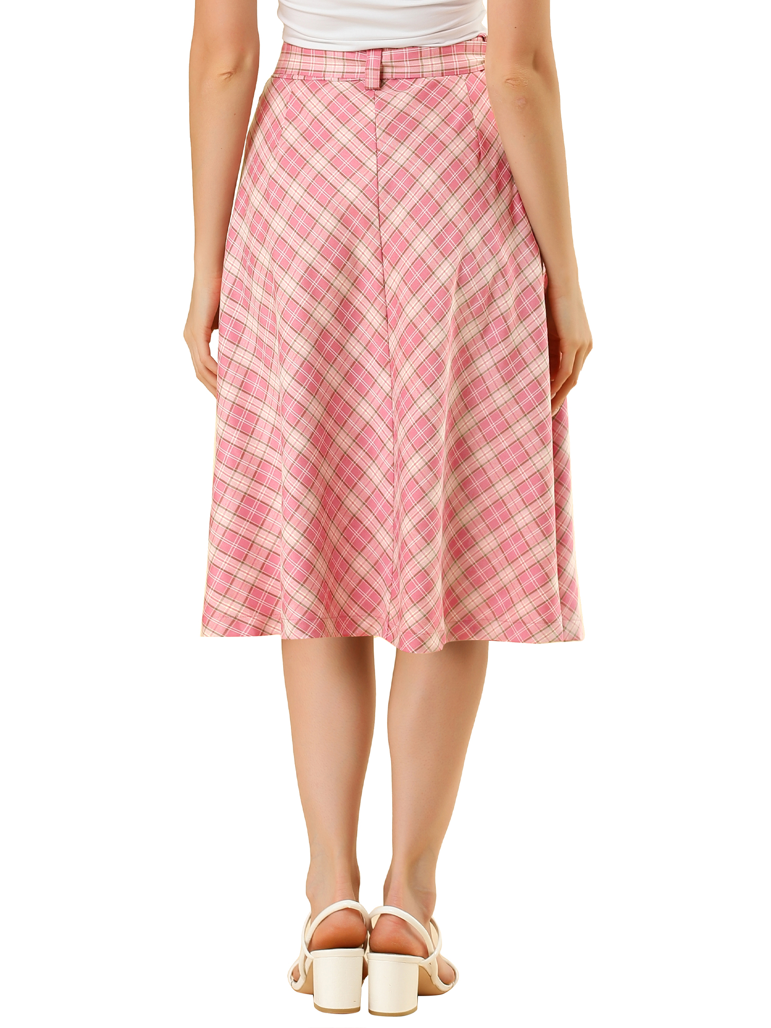 Unique Bargains Women's Plaid High Waist Belted Vintage A-Line Midi Skirt M Pink - image 4 of 8
