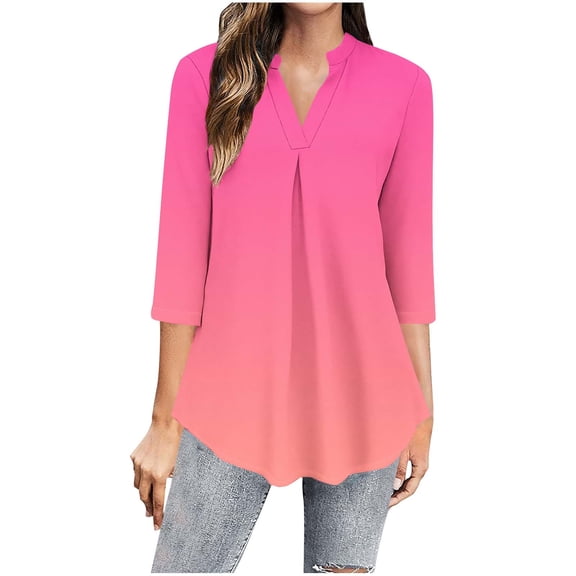 Business Casual Blouses Womens 3/4 Sleeve Gradient Loose Tops Fashion Work Dressy Flowy Shirts Pullover, Hot Pink 2XL
