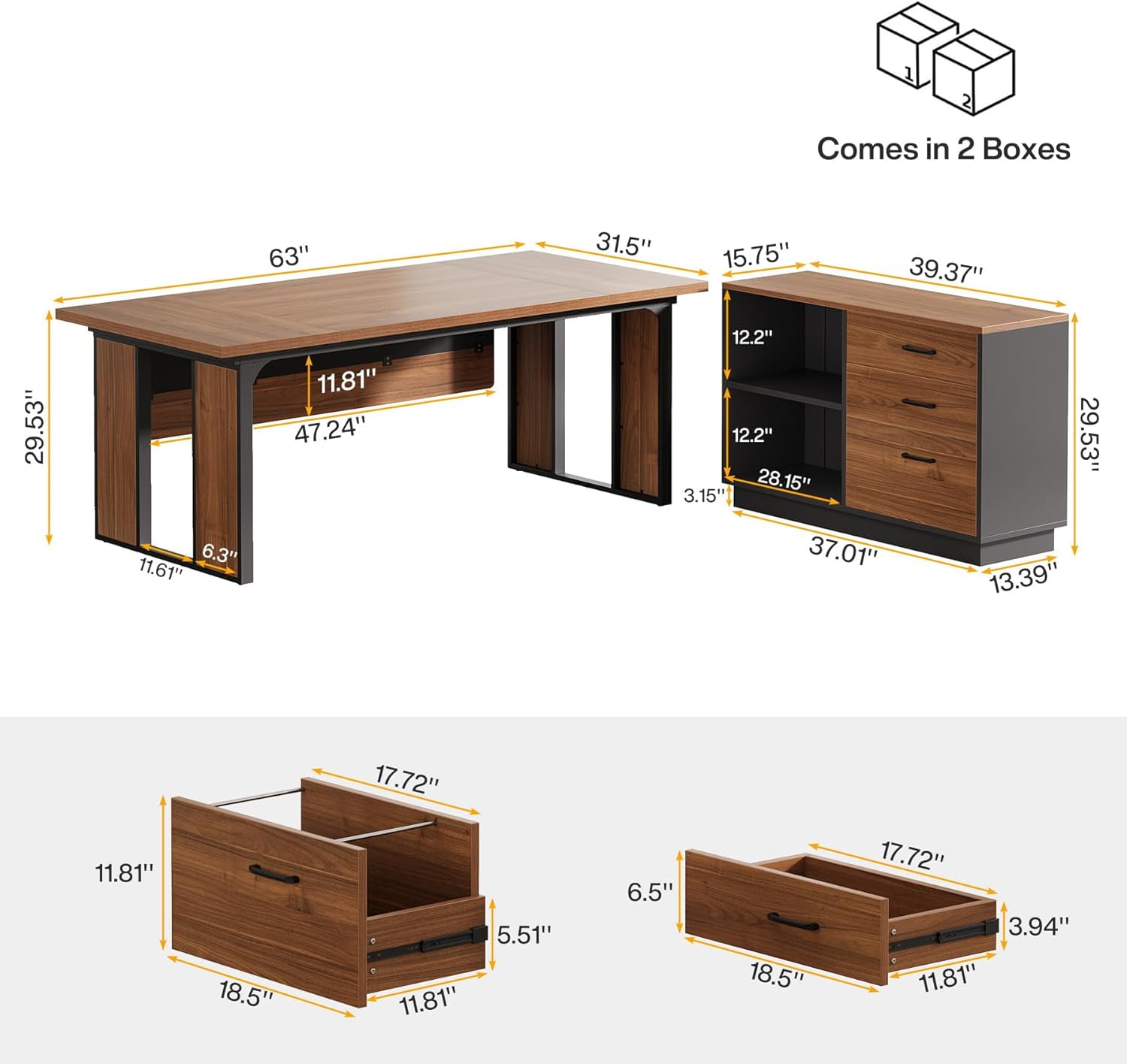 Tribesigns 63-Inch Executive Desk, L-Shaped Office Table with 47-Inch File Cabinet