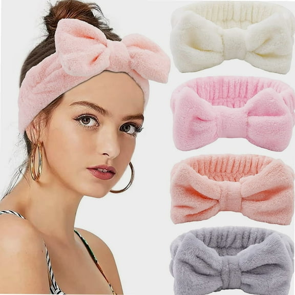 Spa Headband 4 Pack Super Soft Microfiber Makeup Headband for Women Girls Elastic Bow Hair Band Face Washing Headband for Shower Skincare