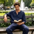 thumbnail image 7 of Mens Linen Shirt Breathable 3/4 Sleeve T Shirts Pullover V Neck Loose Summer Casual Top Lightweight Quick Dry Tees, M, 7 of 7