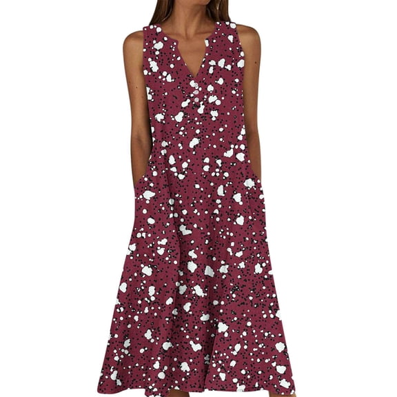 YuXingFu Church Dresses for Women Maxi V-Neck Plus Size Womens Dress Sleeveless Floral Long Casual Summer Red S