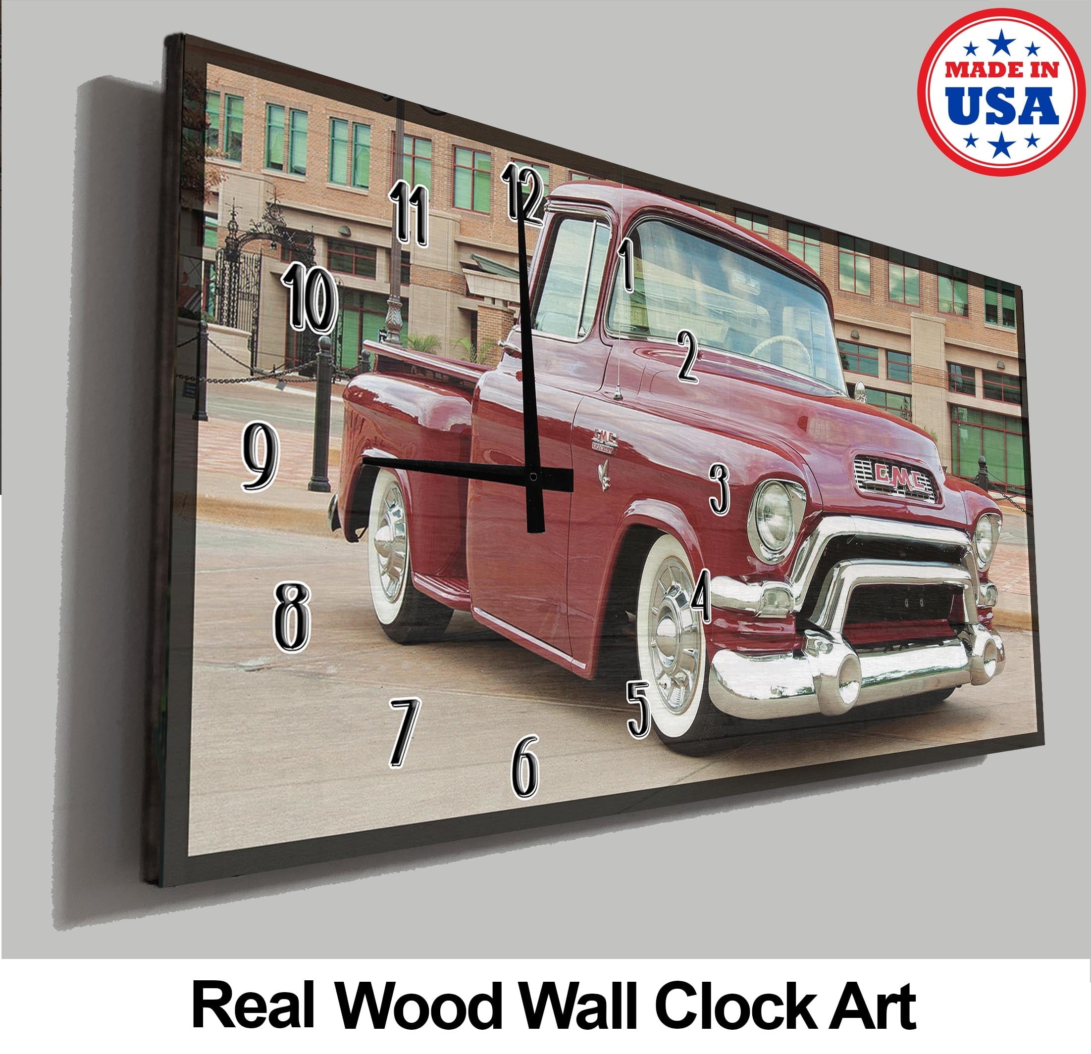 Vintage Car Wall Clock Chrome And Red Classic Old School Truck Wood