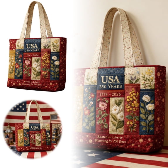 1776-2026 USA Anniversary Quilted Tote Bag, USA 1776-2026 Patriotic Floral Print Tote for 4th of July, Daily Use 15.7 x 16.9 Inch