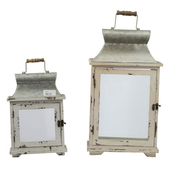 CC Home Furnishings Vintage Style Lanterns with Metal Roof - 19.75" - White - Set of 2