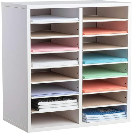 AdirOffice Wood 16 Compartment Adjustable Classroom Construction Paper Literature Organizer File Sorter, White