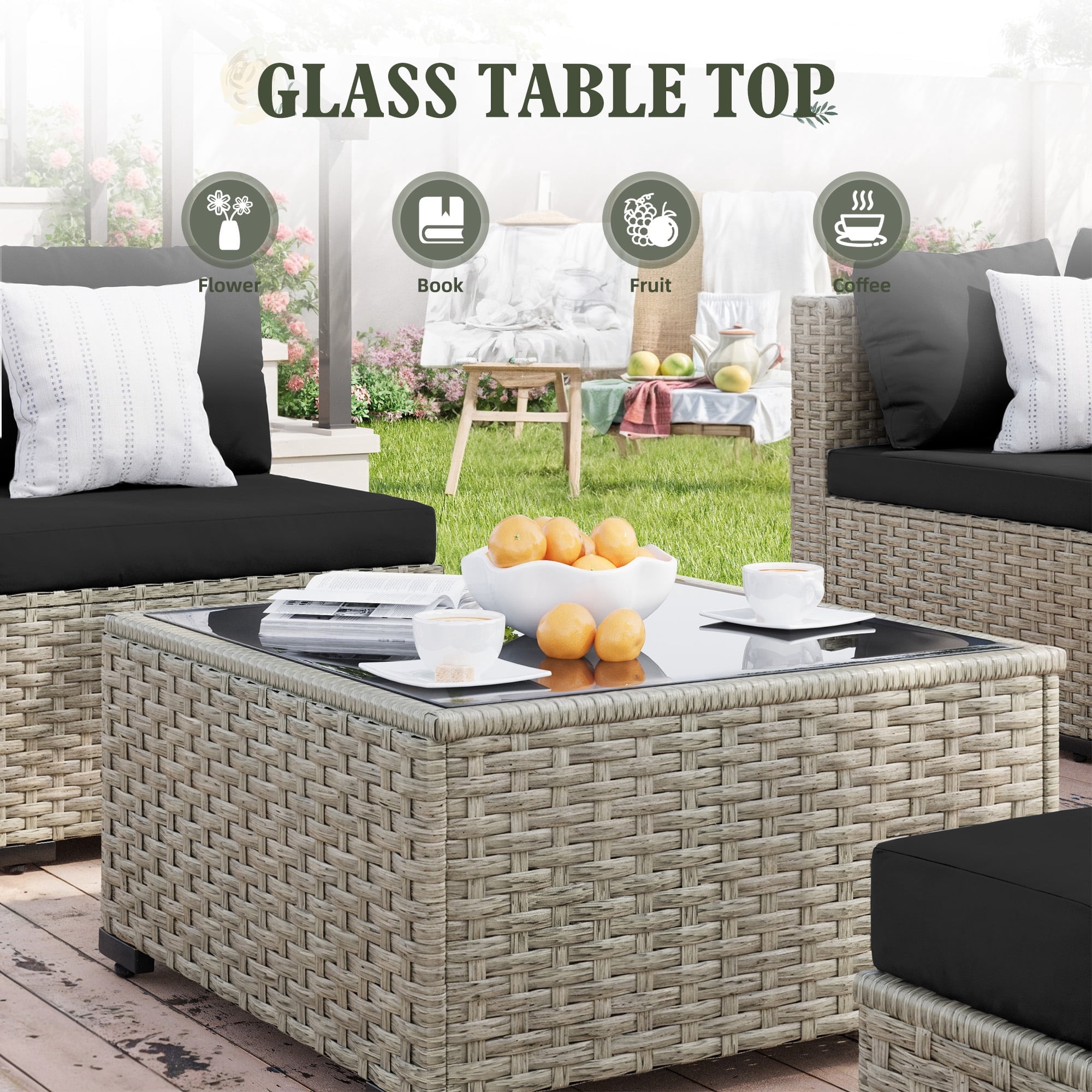 Amopatio 7 Pieces Patio Conversation Set, Outdoor Sectional PE Rattan Wicker Furniture Seat,BLACK