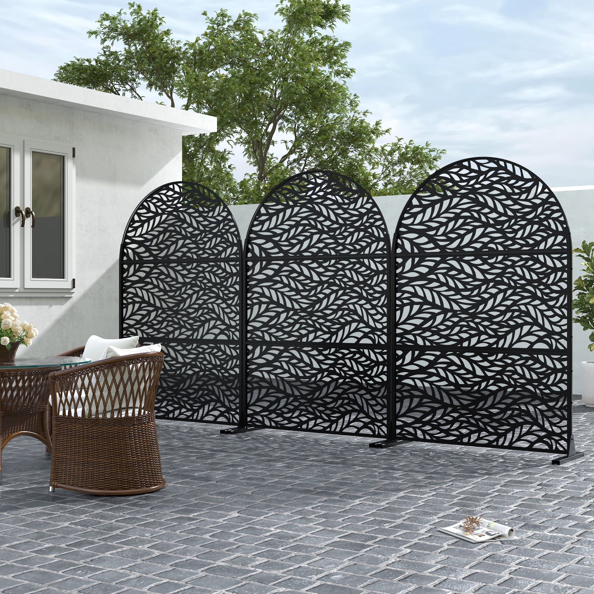 MAYEERTY 72*47" Outdoor Arched Metal Freestanding Privacy Panel Screen, Flowing Leaf Pattern, Black