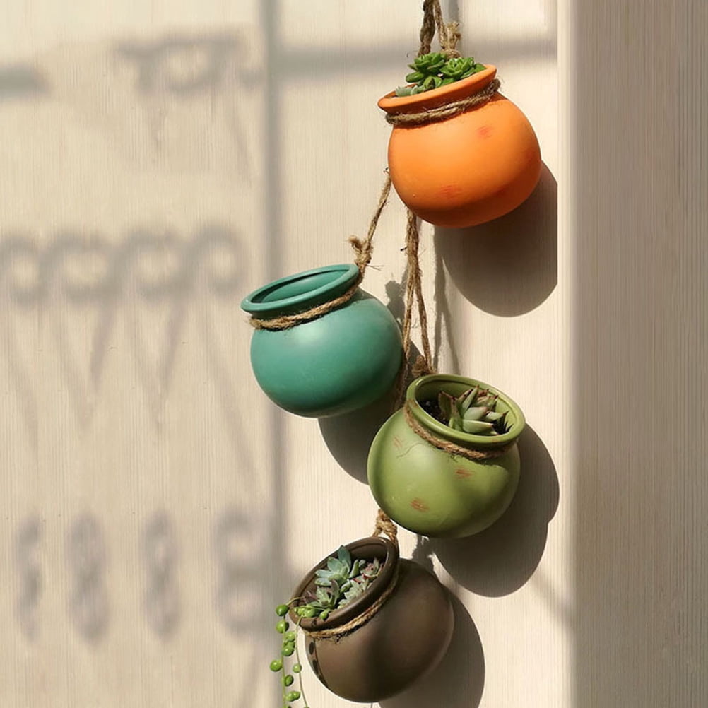 MLINS Ceramic Hanging Planters with Rope for Wall Ceiling Mount 4pcs Multicolor Ceramic Pots with