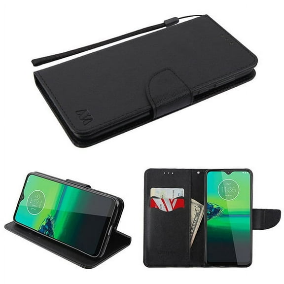 Motorola Moto G8 PLAY Wallet Case Phone Cover Book style [Credit Card Slot] Magnetic Closure Leather Flip Wallet Stand Pouch with Wrist Strap Lanyard Card Holder Black Case for Motorola Moto G8 Play