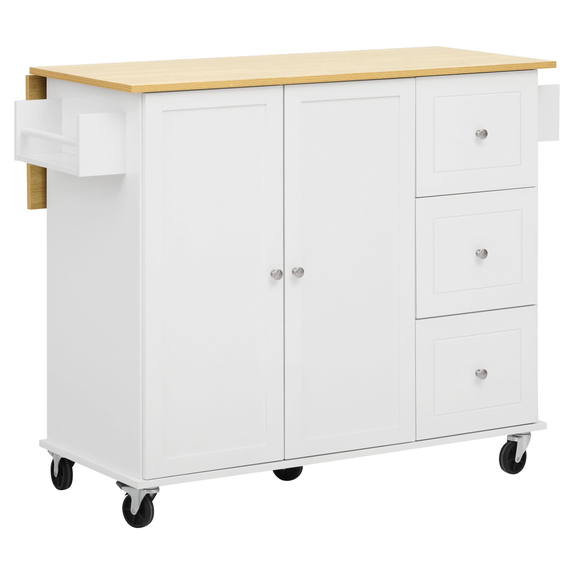 Rolling Kitchen Island Cart with Drop-Leaf, 3 Drawers, Cabinet, Spice Rack, Towel Rack, 5 Casters, 250 lbs Capacity, Mobile Storage for Kitchen Dining