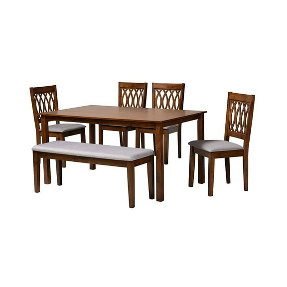 Baxton Studio Florencia Grey Fabric and Walnut Brown Wood 6-Piece Dining Set