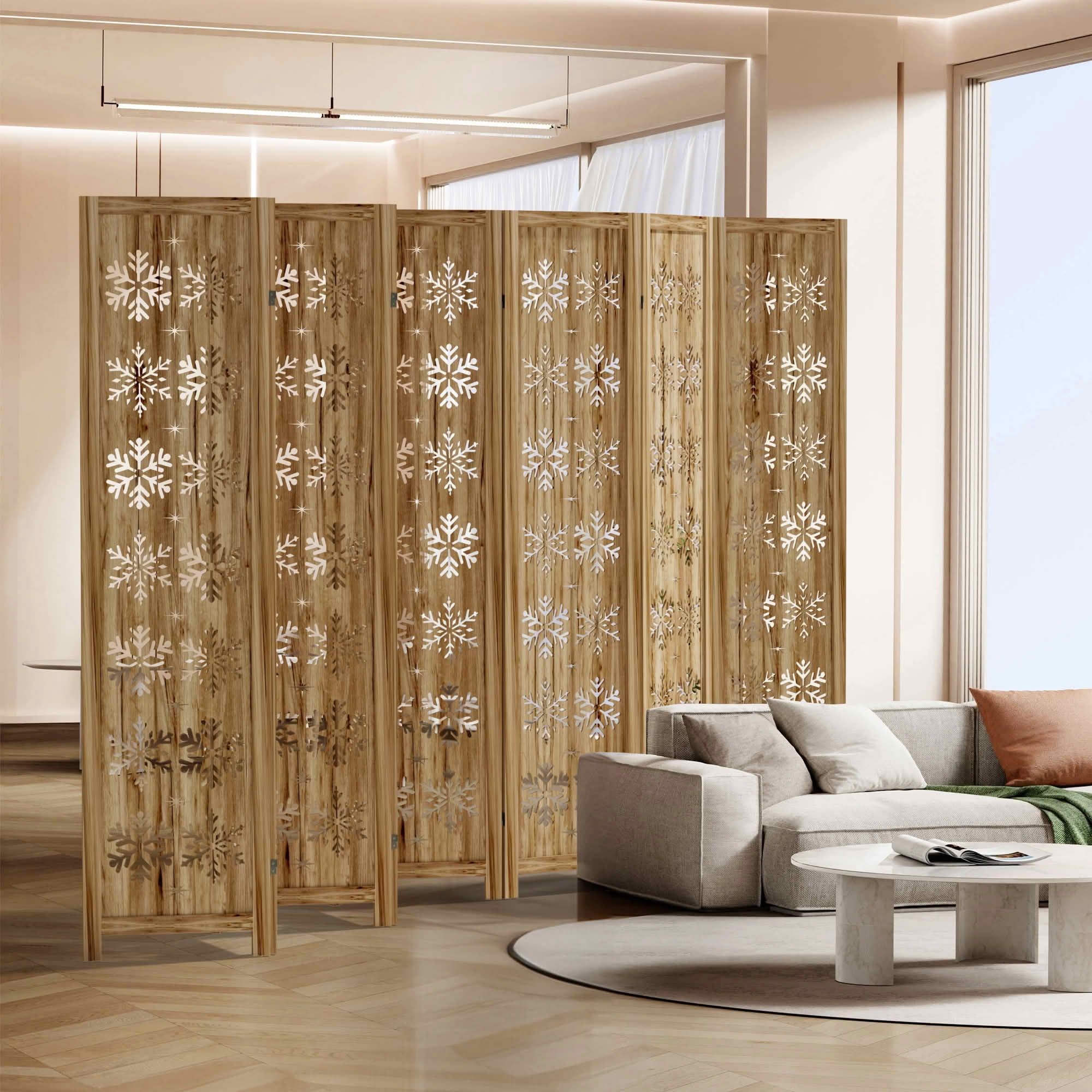 MAYEERTY 127x1x67 Inch Natural Charcoal Snowflake Wooden Folding Privacy Screen, 8 Panel Set for Home & Patio