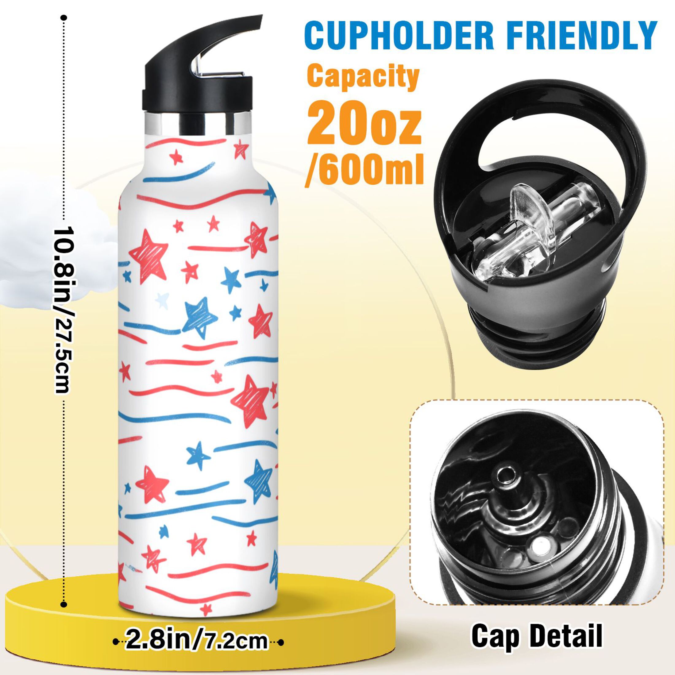 Kids Insulated Stainless Steel Sports Water Bottle 600ml (20oz) Star Doodle Stripes